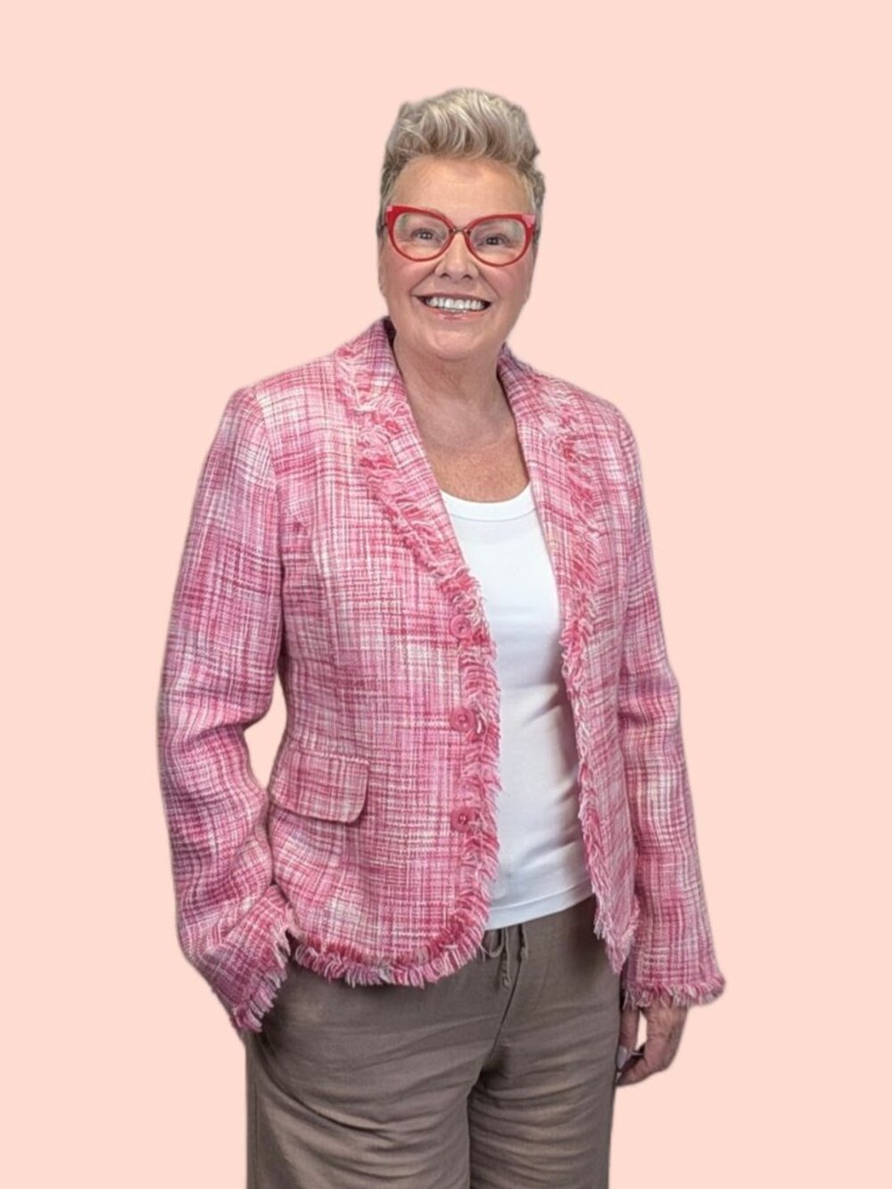 Pink Tweed Fringe Blazer Jacket